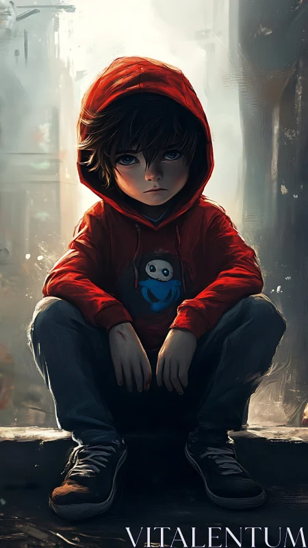 Red-hooded street dreamer guards a quiet foggy alley