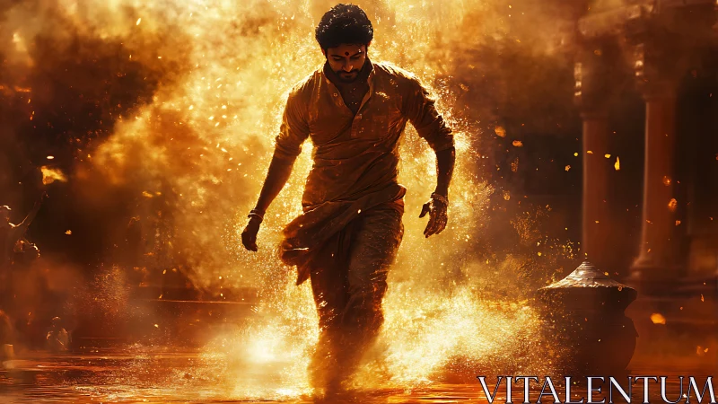 Male figure walks through illuminated orange water spray