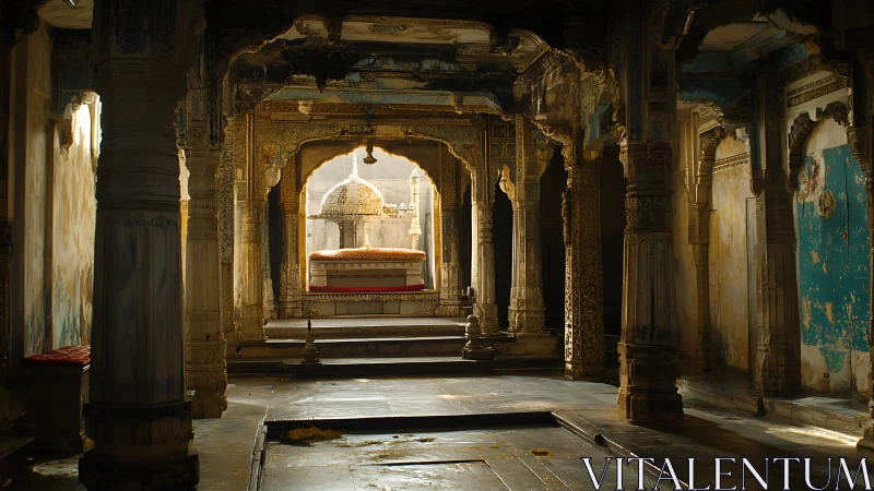 Sunlit ruined palace hall frames distant domed shrine.