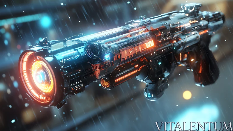 High-detail cyberpunk plasma rifle with glowing reactor core
