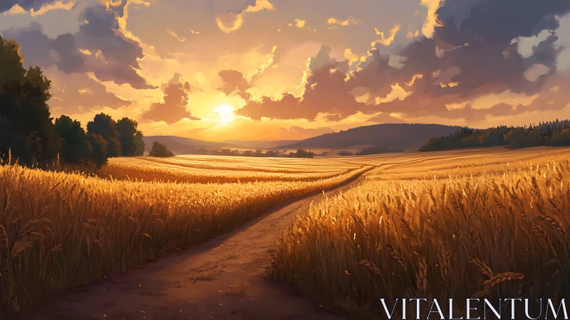 Golden wheat fields glow under a serene summer sunset sky