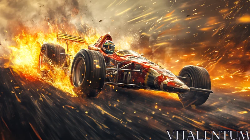Flaming race car charges forward in a storm of blazing speed