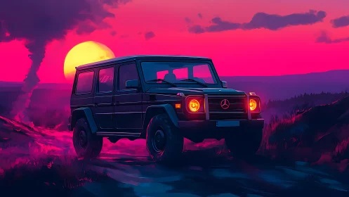 Neon dusk Mercedes G-Class prowls through electric highlands.