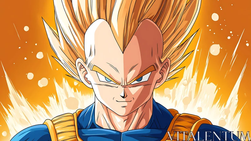 Super Saiyan warrior portrait amid blazing aura field.