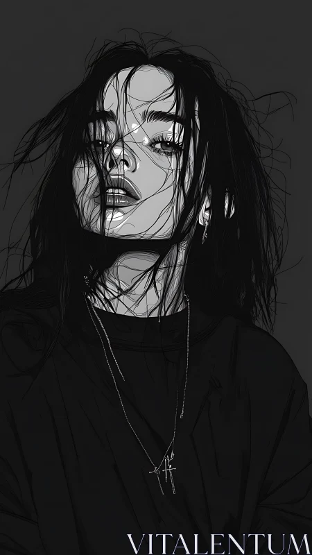 Monochrome female portrait with dynamic ink linework.