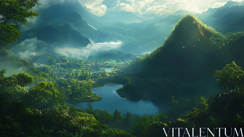 Sunlit valley cradles a peaceful river through misty mountains