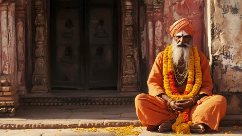 Elderly man in orange robes seated before carved doorway.