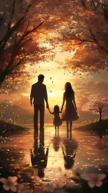 Silhouetted Family Wading Through Golden Autumn's Luminous Promise