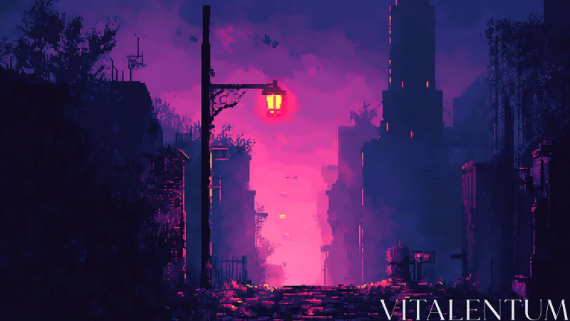 Neon dusk street glows through pixelated cyberpunk ruins.