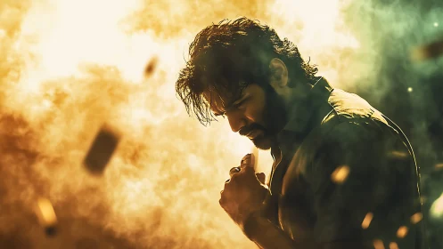 Stormlit loner clutching secrets in ember tinted haze.