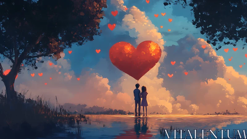 Couple Beneath Glowing Heart in Luminous Sky.