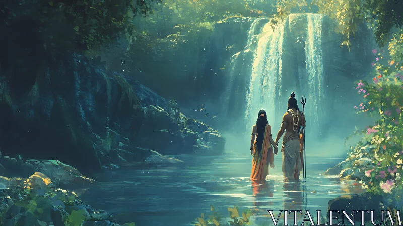 Mythic couple in volumetric forest light at cascading waterfall.