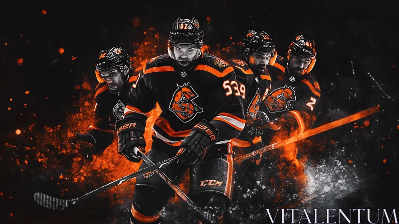 Dynamic composite of ice hockey forwards rendered with fiery motion trails