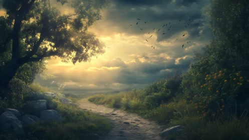 Sunlit country path under dramatic volumetric cloudscape and birds