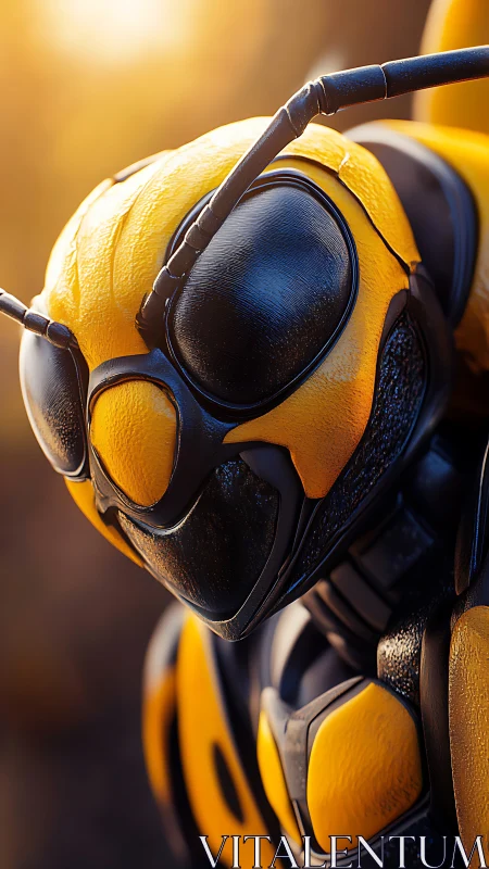 3D robotic wasp closeup with armored yellow carapace.