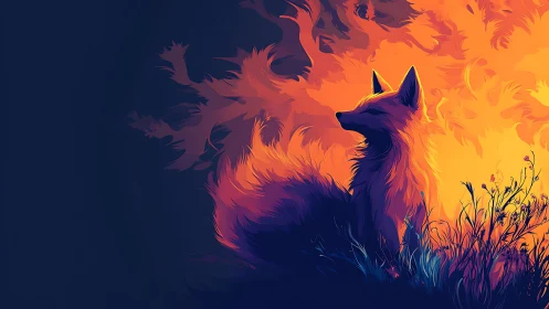 Luminous fox watches fiery spirit silhouettes at dusk.
