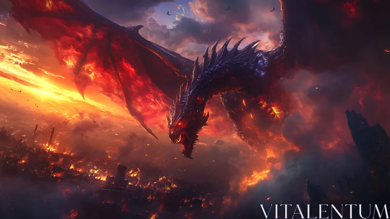 Volcanic wyvern over thermally devastated twilight metropolis.