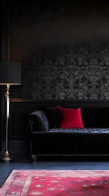 Velvet noir parlor with a solitary crimson whisper pillow.