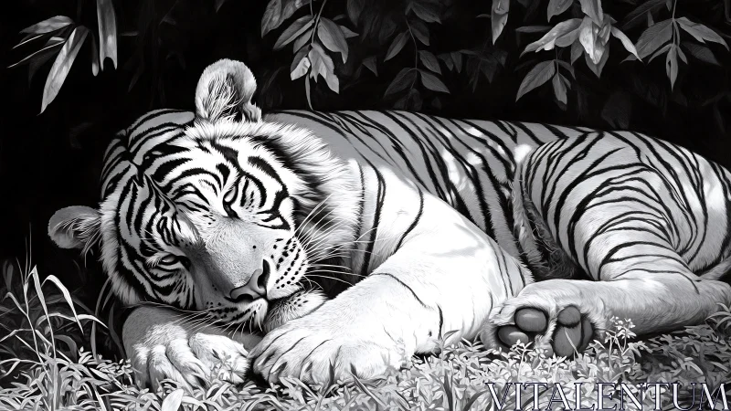 Gentle striped tiger napping peacefully in soft forest shade.