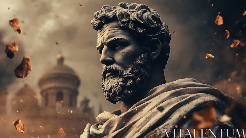 Stoic marble warrior stands amid burning ruins and ash.