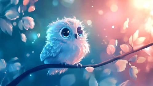 Adorable fluffy baby owl on branch in dreamy digital art style.