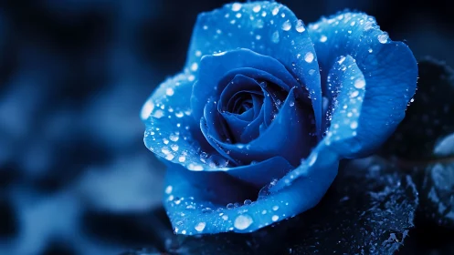 A Glistening Blue Rose with Jeweled Dewdrops