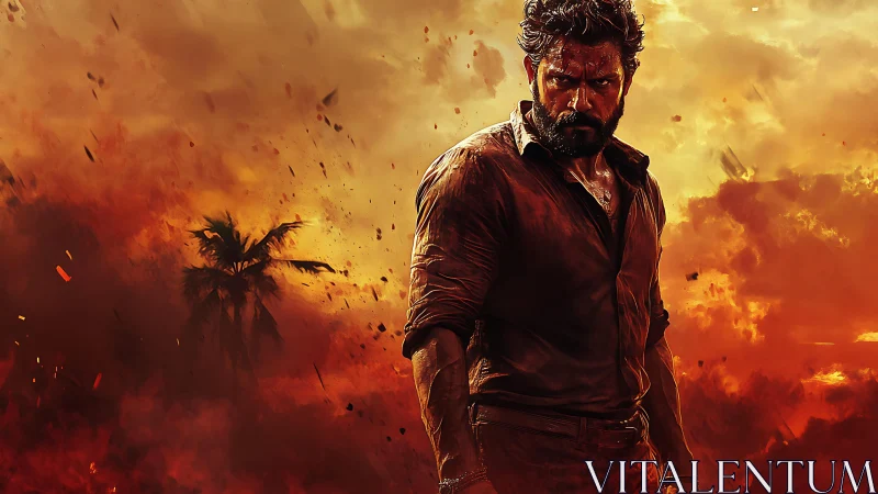 Battle-worn man in fiery cinematic landscape with smoke clouds