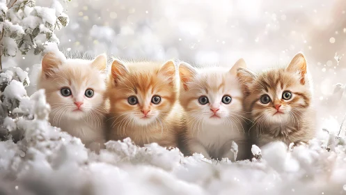 Four Kittens in Frosted Winter Landscape with Bokeh.