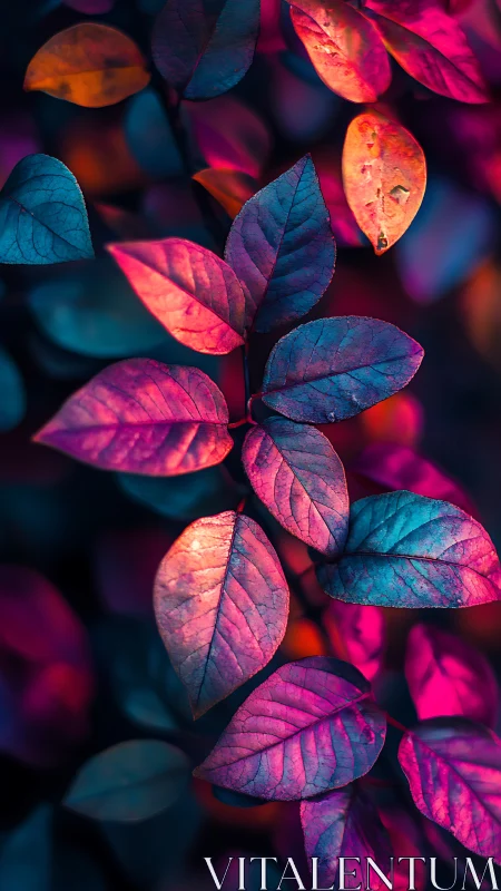 Colorful plant leaves display intense pink and blue lighting