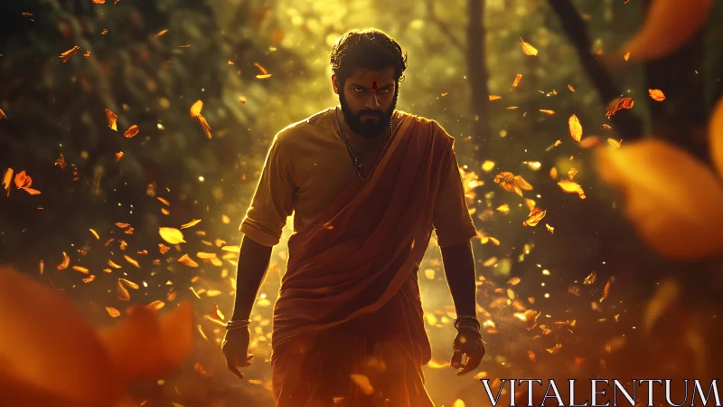 Mystical forest warrior strides through swirling golden leaves.