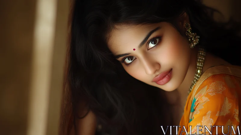 Elegant Indian woman in traditional attire, soft portrait style.