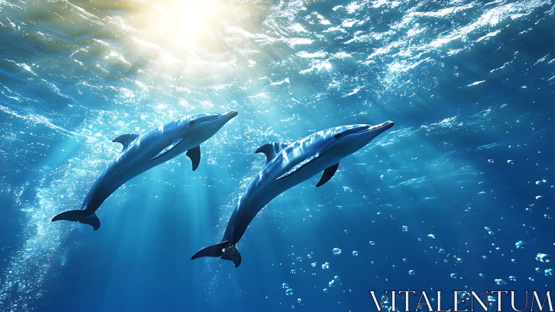Sunlit dolphin duet gliding through sapphire ocean light.