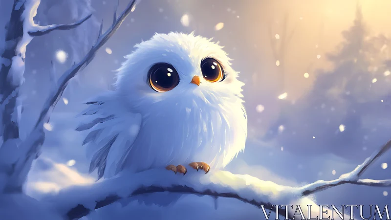 Adorable Cartoon White Owl on Snowy Branch in Soft Winter Light.