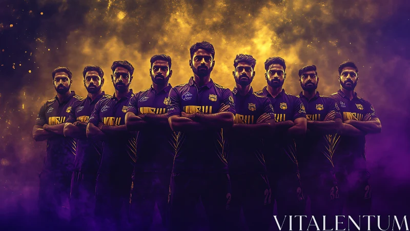 Purple flame squad rising through stadium nightfall haze.