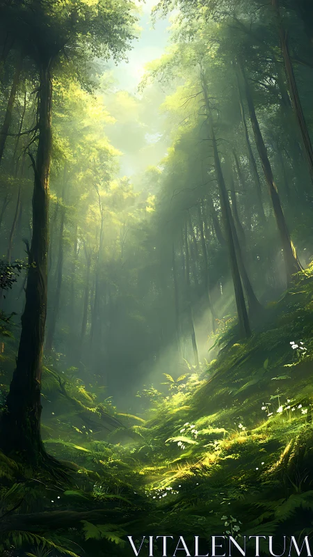 Sunlit forest pathway with tall trees and undergrowth