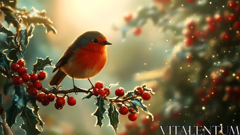 Small bird is perched on frosted holly branch with berries