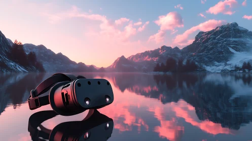 VR headset rendered on reflective alpine lake at sunset