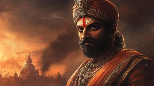 Regal warrior king stands before burning ancient temple city