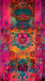 Ornate floral tapestry in neon pink, orange and teal hues.