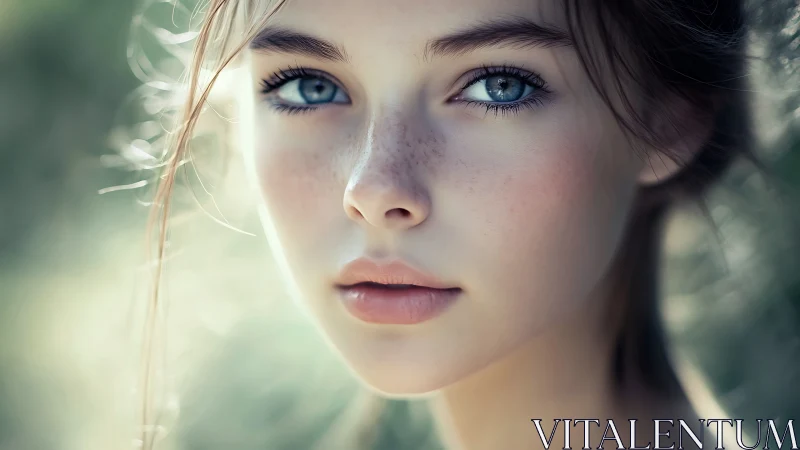 Soft-focus portrait with luminous eyes and pastel tones.