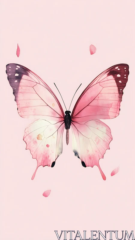 Soft pink watercolor butterfly rests in gentle pastel air