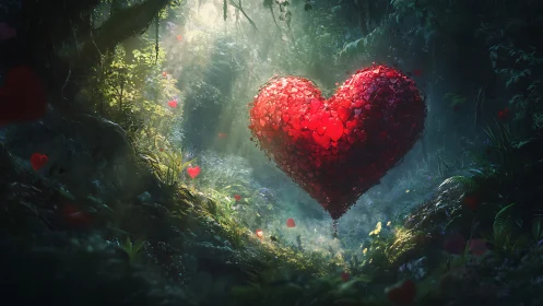 Large red crystalline heart structure suspended in dense forest environment.