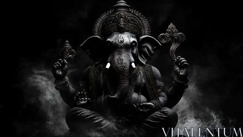 Dark-toned Ganesha statue with ornate headdress and symbols.