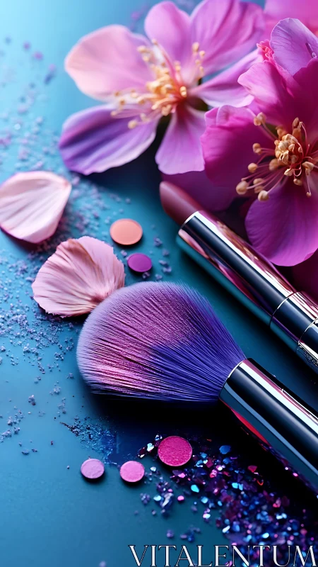 Floral beauty products rest among petals and glittered color.