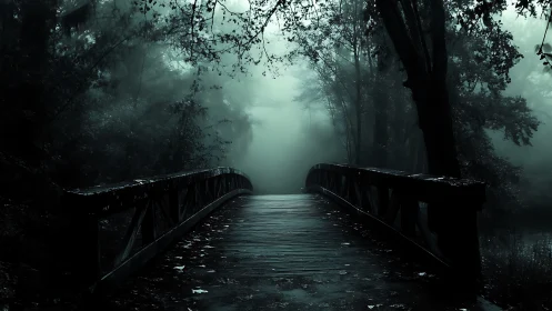 Moonless wooden bridge tiptoes into a mist-drowned forest