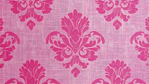 Pink damask floral motif over textured linen ground.