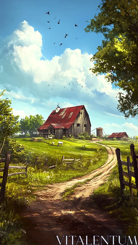 Digital rustic farmstead vista with winding path perspective.