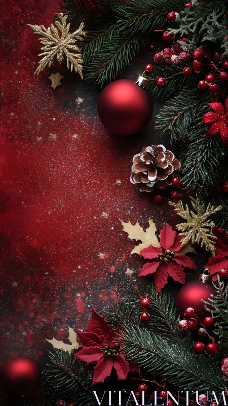 Crimson ornaments drift through a forest of festive pine