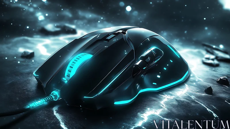 Sleek gaming mouse glows with neon light on a stormy desk