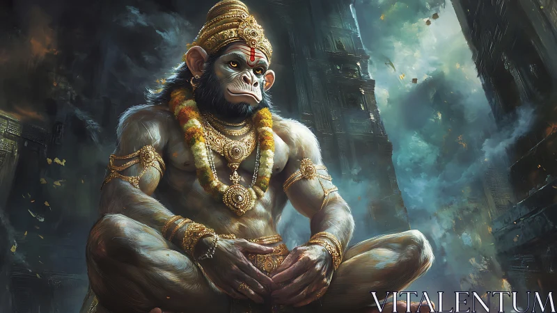 Golden simian guardian meditating amid storm-swept towers.